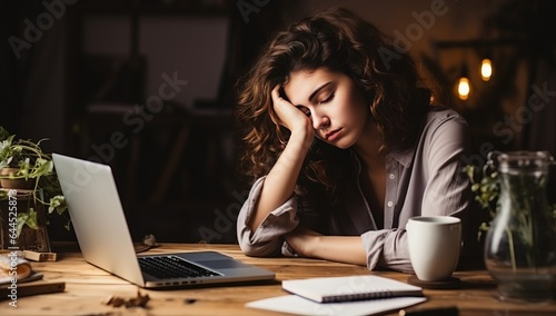 stressed businesswoman sitting at table with laptop and cup of coffee