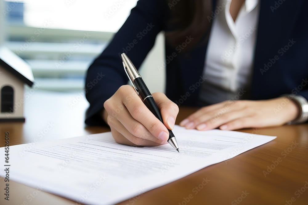Close-up businesswoman signing contract at desk in office Close-up businesswoman signing contract at desk in office