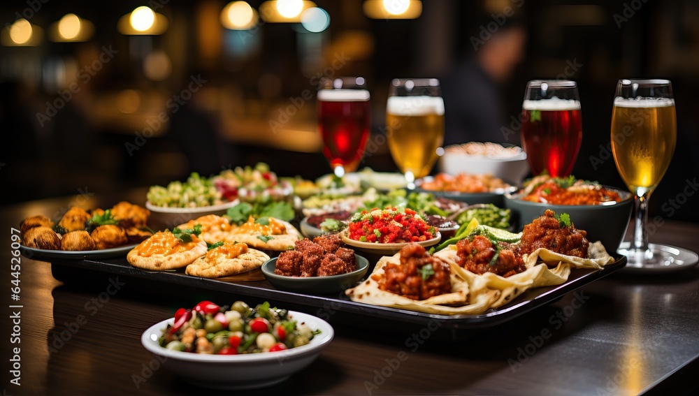 Traditional food on a table in a restaurant with two glasses of beer Traditional food on a table in a restaurant with two glasses of beer