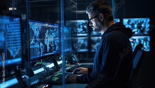 Side view of hacker in eyeglasses using computer in server room