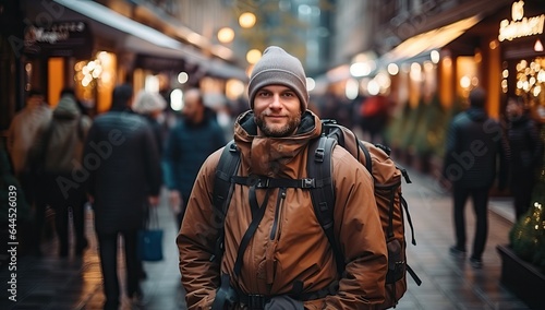 Portrait of a young man with backpack walking in the city.