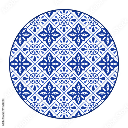 Porcelain plate with traditional blue on white design in Asian style. design pattern for background, plate, dish, bowl, lid, tray, salver, vector illustration art embroidery. geometric flowers.