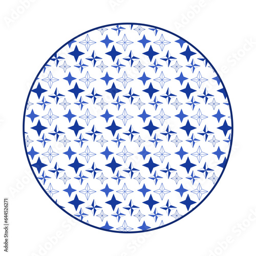 Porcelain plate with traditional blue on white design in Asian style. design pattern for background, plate, dish, bowl, lid, tray, salver, vector illustration art embroidery. geometric stars pattern.
