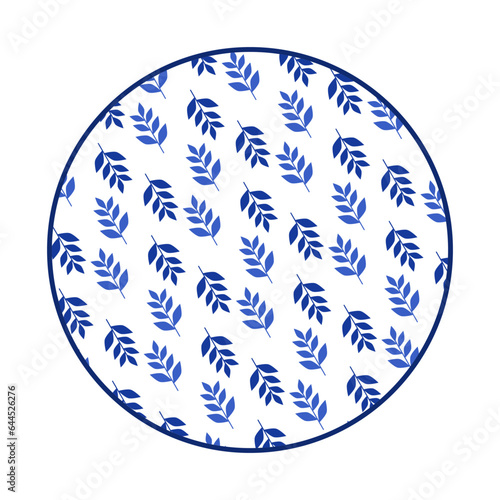 Porcelain plate with traditional blue on white design in Asian style. design pattern for background, plate, dish, bowl, lid, tray, salver, vector illustration art embroidery. leaves pattern plate.