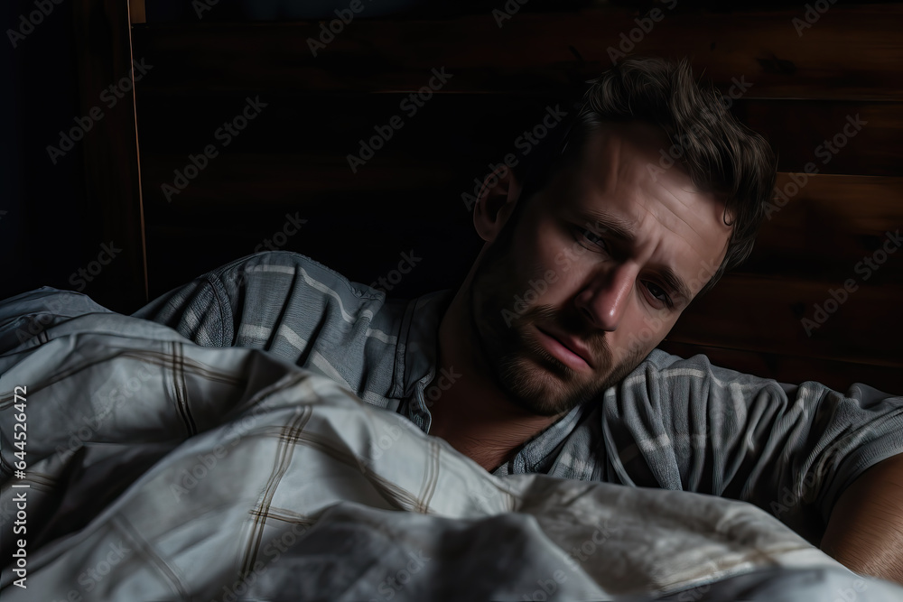 portrait of handsome man in bed looking exhausted, ai generated