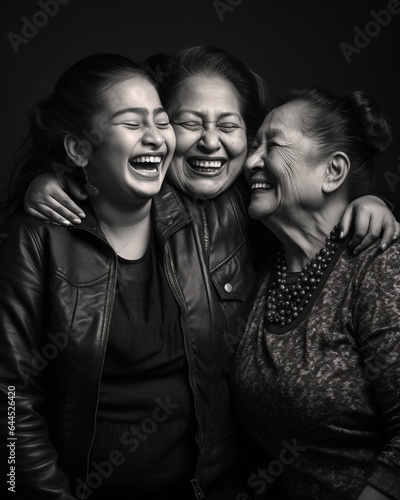 Generative ai black and white portrait smiling three generations latina photo