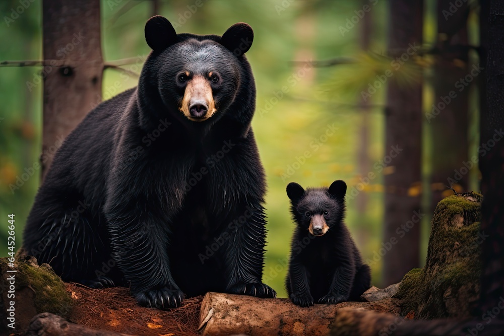 Protective Black Bear Mom and Cub Watching in Forest Wildlife Scene Protective Black Bear Mom and Cub Watching in Forest Wildlife Scene