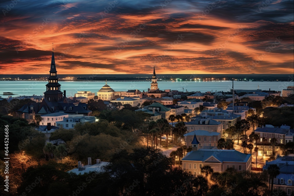 Fototapeta premium South Carolina Skyline at Night in Charleston City. Beautiful City Landscape View of Charleston, SC, USA - Evening Cityscape