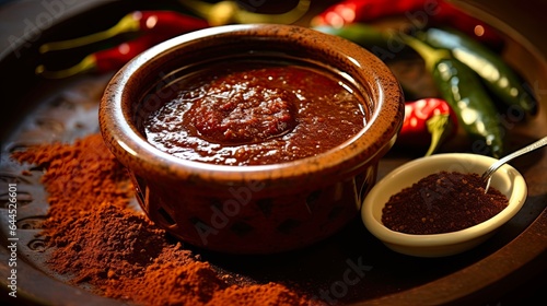 Mole Sauce: A Spicy and Flavorful Mexican Delight with Roasted Peppers, Spices, and Seeds in Rich Brown Color