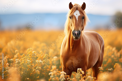 beautiful brown horse standing in a field of yellow flowers, ai generated