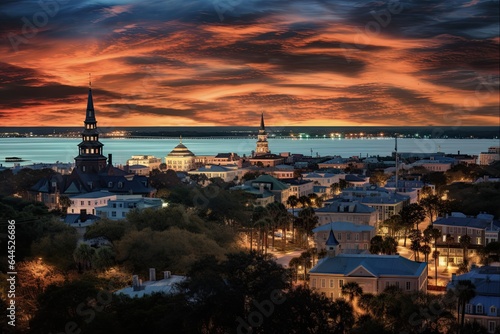 South Carolina Skyline at Night in Charleston City. Beautiful City Landscape View of Charleston, SC, USA - Evening Cityscape