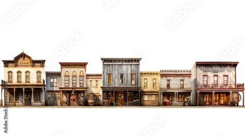 Rustic Western Town on Isolated White Background. Old Town with Various Businesses, Mortician and General Store. Adventure in Country-America. 3D Rendering