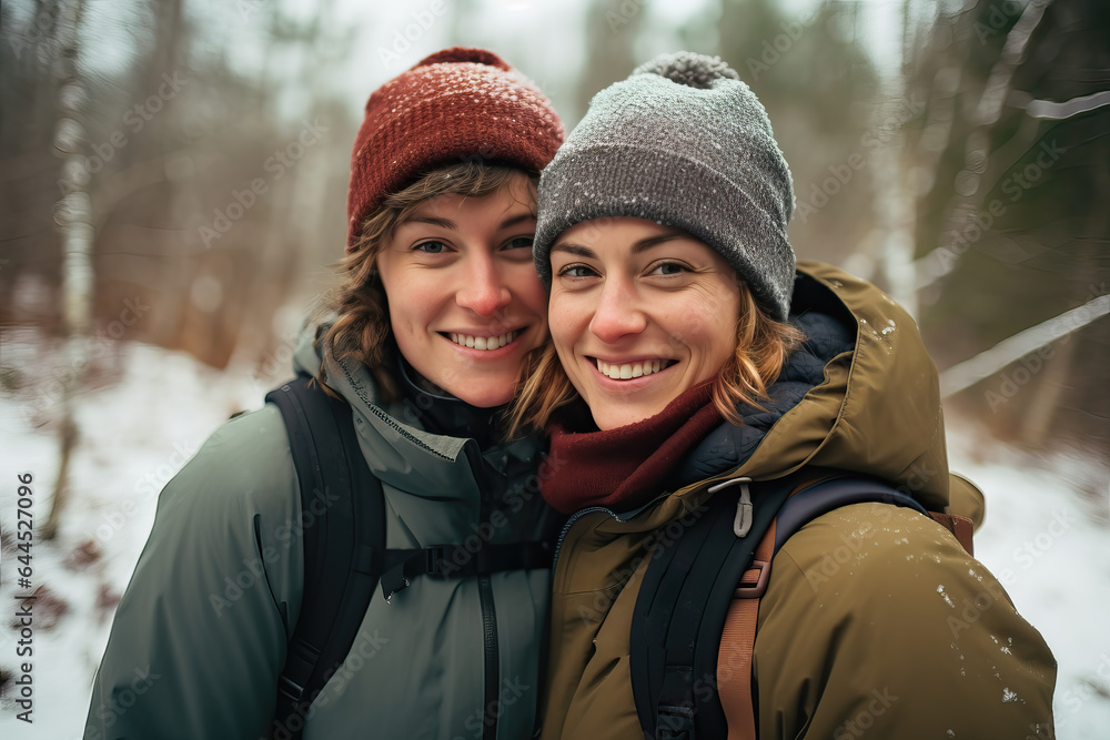 two women hiking outdoors in the snow, ai generated