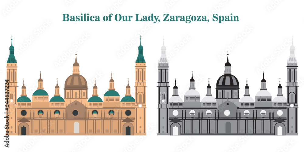 Basilica of Our Lady, Zaragoza, Spain In earthy tones, black and white and silhouette on white background
