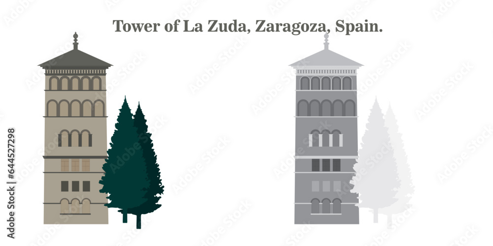 Tower of La Zuda, Zaragoza, Spain, in earth tones, black and white and silhouette on a white background.Tourism concept