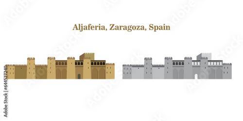 Aljaferia, Zaragoza, Spain, in earth tones, black and white and silhouette on white background.Tourism concept photo