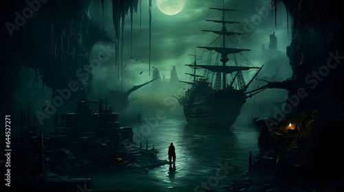 scary halloween background with a old sailing boat, generative ai 
