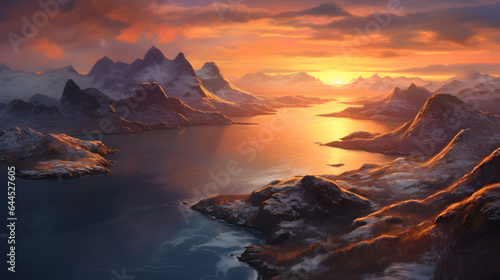 Enchanting Sunset Panorama, A Majestic Arctic Landscape by the Norwegian FjordsNature's Artistry Unveiled, A Breathtaking Display of Color and Serenity, Ai Generative 