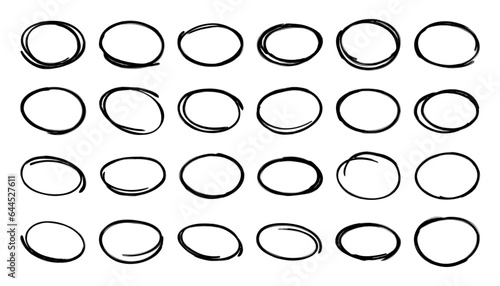 Set of hand drawn oval doodles. Various simple sketch ellipse frame collection, line logo design elements, marker highlights. Scribble vector illustration isolated on transparent background