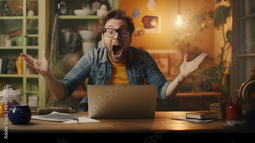 A man completely freaks out in front of his laptop with insane joy and speechlessness, generative ai  photo