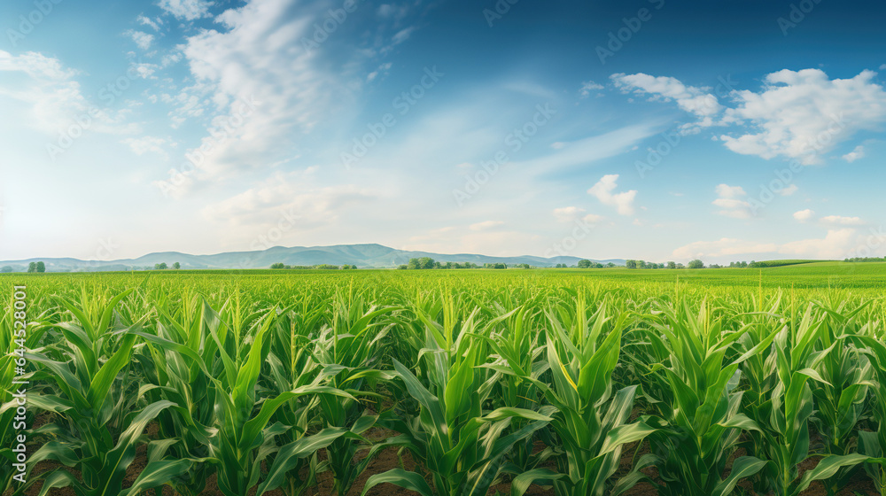 Obraz premium A Beautiful Corn field, wide view of corn field, Agricultural field background Art images that express the beauty and purity of nature.