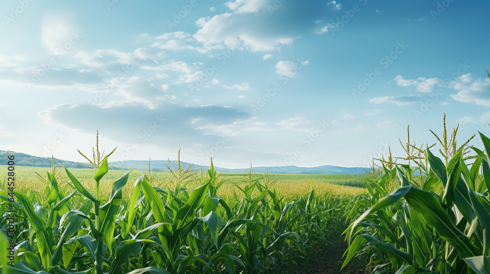 Fototapeta premium A Beautiful Corn field, wide view of corn field, Agricultural field background Art images that express the beauty and purity of nature.