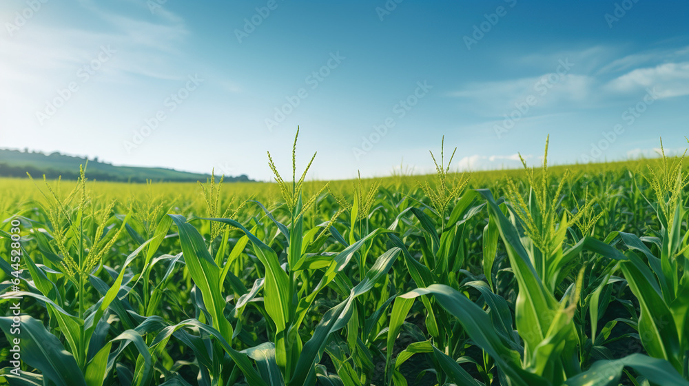 Obraz premium A Beautiful Corn field, wide view of corn field, Agricultural field background Art images that express the beauty and purity of nature.