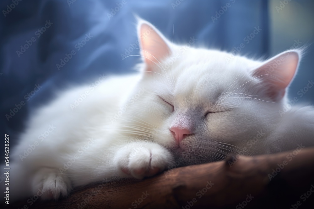 white cute cat sleeps calmly resting inside