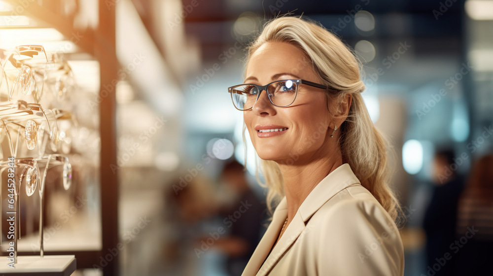 A Beautiful Mature blonde Woman in an Eyeglasses Shop.The metal frame has a contemporary design. A Beautiful Mature blonde Woman in an Eyeglasses Shop.The metal frame has a contemporary design.