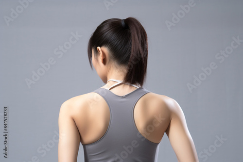 A cute and healthy Asian girl, viewed from behind, highlights her ponytail and bun hairstyle on a solid gray background. Generative AI.