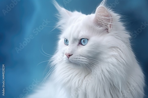 white cute cat with blue eyes on a blue background