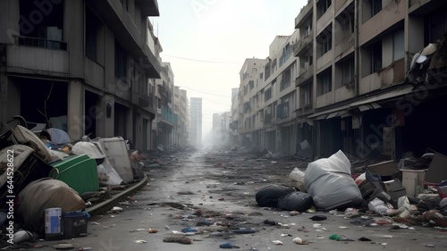 Intercity totally overrun with trash and debris in the street with some abandon buildings
