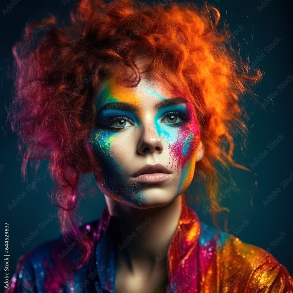 custom made wallpaper toronto digitalColorful artistic portrait of a young beautiful woman closeup, multicolored hairstyle, makeup and face art