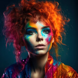 Colorful artistic portrait of a young beautiful woman closeup, multicolored hairstyle, makeup and face art