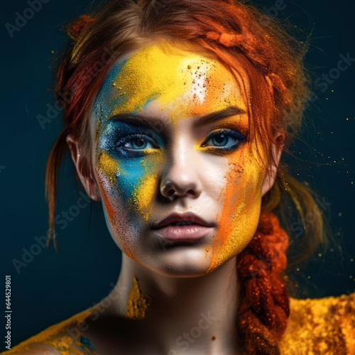 Colorful artistic portrait of a young beautiful woman closeup, multicolored hairstyle, makeup and face art