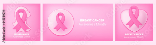 Breast cancer awareness month icons set. Pink ribbon, woman silhouette, badge, heart. Design elements for support, charity, information brochure, banner.