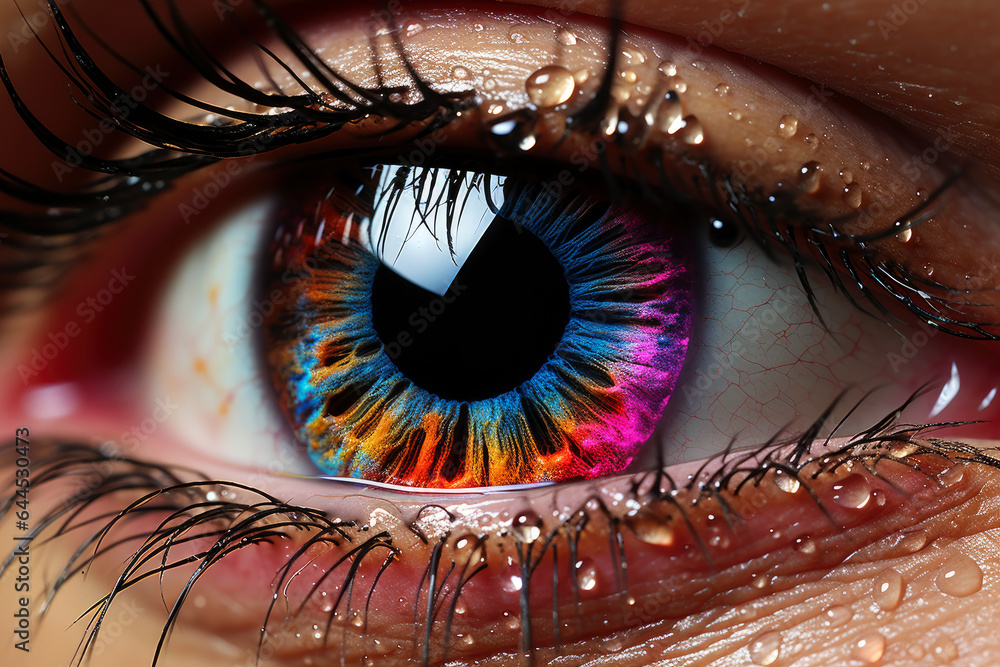 Female eye with bright and colorful makeup with eye shadow, mascara and contact lenses close-up