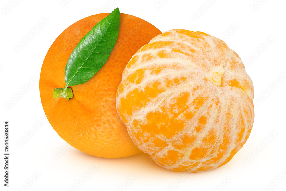 Tangerines on an isolated white background. Whole and peeled tangerine Tangerines on an isolated white background. Whole and peeled tangerine