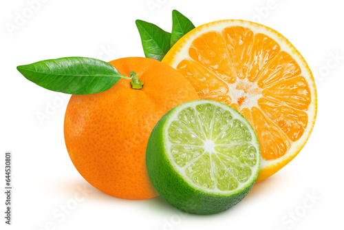 Tangerine, orange and lime on an isolated white background. Whole and slices