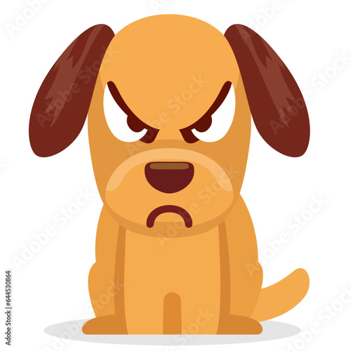 Cute angry dog or puppy sitting on the floor facing forward flat style stock vector illustration, playful aggression of a puppy, puppy with an angry face vector illustration