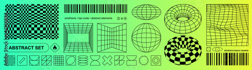 Elements for neo brutalism design. Wireframe. Retro futuristic minimalistic geometric shape. Glitch effects, Op-art illusion. Line art, Vaporwave posters, Cyberpunk, modern graphic design. Barcode 