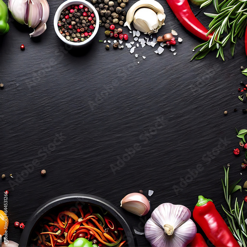 Black stone cooking background  top view spices and vegetables.