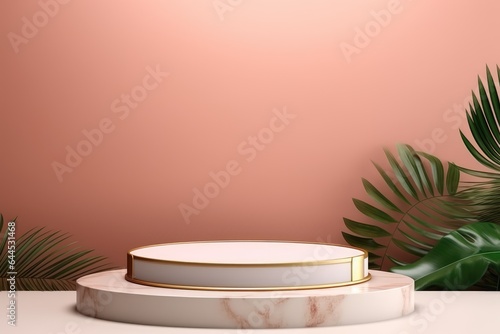 Abstract minimal scene with geometric forms. cylinder podium on pink studio background