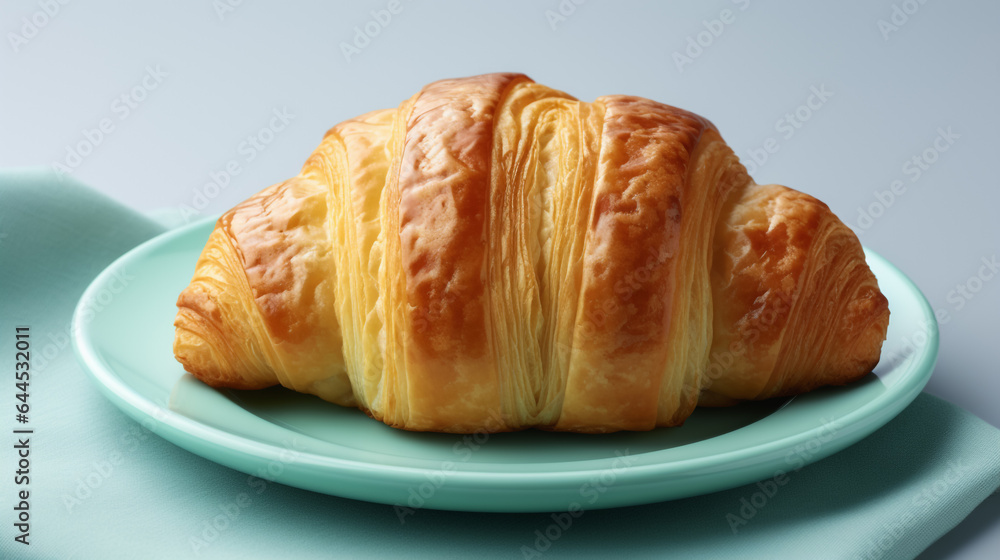 Croissant lying on a turquoise plate on a light turquoise background. 
