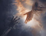Hand of God reaches hand of man