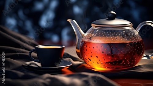 A teapot with a tea next to a cup of tea