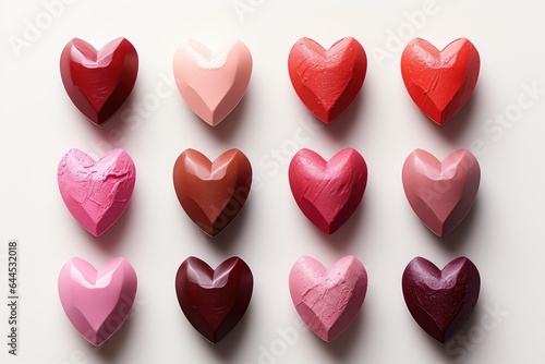 Hearts of pink and red shades cut out of lipstick on a white background. Cosmetics promotion banner