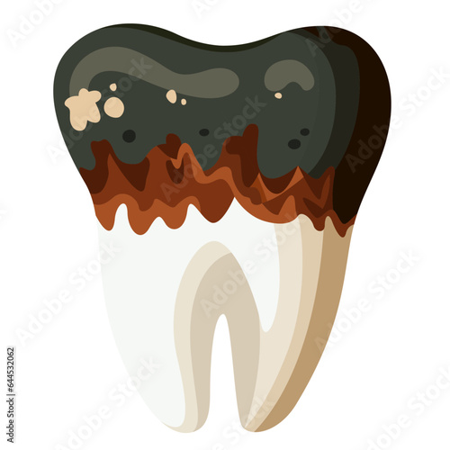 Rotten tooth with visible decay and discoloration isolated on white background vector illustration, decayed tooth flat style stock vector image