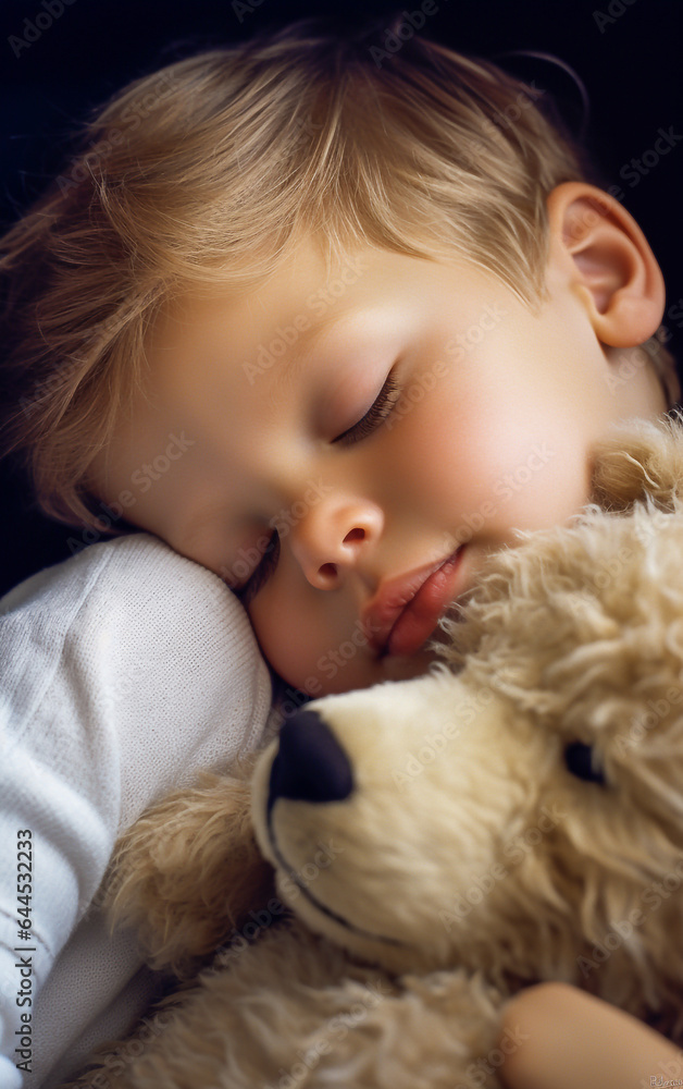 A little child sleep hugged at fluffy soft toy