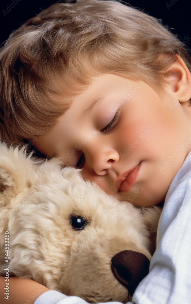 A little child sleep hugged at fluffy soft toy A little child sleep hugged at fluffy soft toy
